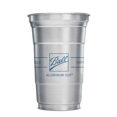 an aluminum cup is shown on a white background with blue lettering and the words ball in it