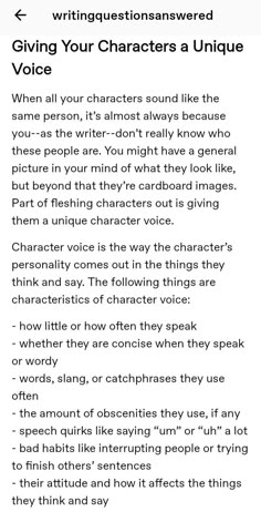 an image of a text description for the poem giving you characters a unique voice,