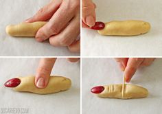 four pictures showing how to make a hot dog bun with mustard and ketchup