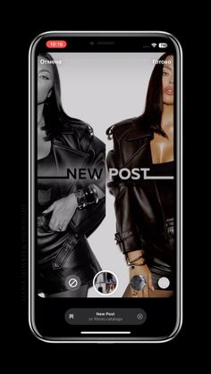 an image of two women in leather clothes on a cell phone with the text new post