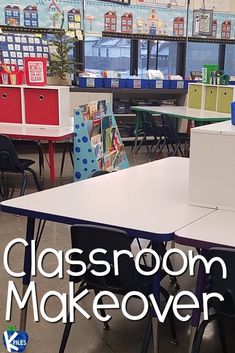 classroom makeover with colorful desks and chairs in front of the tv screen that says classroom makeover