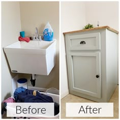 before and after pictures of a bathroom vanity with sink, cabinets and toilet paper dispenser