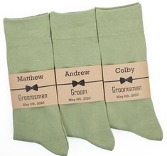 These groomsmen socks are perfect gift for your wedding party. Sage green solid color socks ensure the wedding party looks and feels their best while the colors match your wedding theme. With our personalized socks labels discover the fun way to propose your best man and groomsmen in style or simply make an elegant presentation as groomsmen gift. These socks and custom labels make an excellent gift for best man, groomsmen, bridesman, usher, officiant, flower dude, ring security, ring bearer, Page boy, DJ, father of the groom, father of the bride, uncles and grandparents. Don't forget a matching pair for the groom. ▶ Socks Size: 8-14 (One size fits the most), Height: Calf, Stretchable Cotton socks. ▶ Labels: We can create these custom labels as per your needs or you can pick any label from Wedding Party Sage Green, Sage Green Solid Color, Flower Dude, Ring Security Ring Bearer, Security Ring Bearer, Sage Green Solid, Groom Gift Box, Groom Socks, Junior Groomsmen