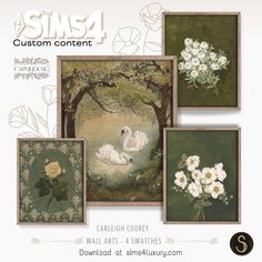 four framed paintings with flowers and swans in them, all on green background for custom content