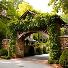 an arch covered in green ivy next to a driveway with trees and bushes on either side