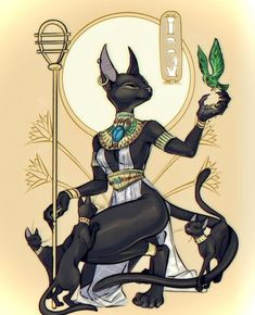 an egyptian cat goddess holding a green plant in one hand and two black cats on the other