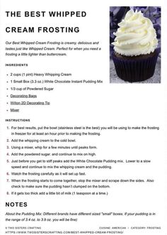 a recipe for whipped cream frosting on top of a cupcake