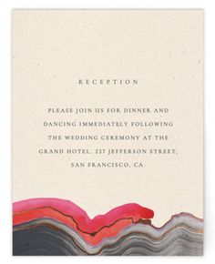 a wedding reception card with the words reception written in red, white and black on it