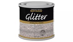 a can of silver glitter paint with white and gold flecks on the side