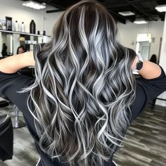 Embracing Grey Hair, Brown And Silver Hair, Brown Hair With Silver Highlights, Grey Hair Color Silver, Grey Blending, Black And Grey Hair, Silver Hair Highlights, Rambut Brunette, Blonde Highlights On Dark Hair