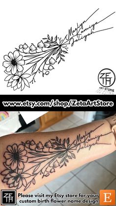 a woman's arm with flowers on it and the words, please visit my etsy store for your custom birth flower name design