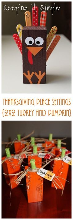 thanksgiving place settings with turkey and pumpkins on the table, and an image of a box filled with carrots