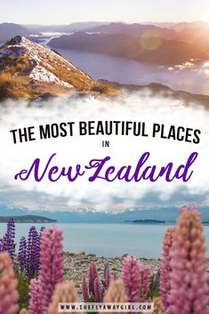 the most beautiful places in new zealand with text overlay that reads, the most beautiful places in new zealand