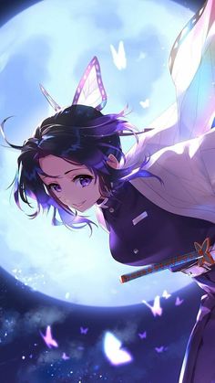 an anime character flying through the air with butterflies on her head and purple hair, in front of a full moon