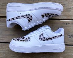 Custom Nike Air Force 1s with cheetah print detail made with waterproof, leather acrylic paint. Shoe Artwork, Custom Nike Air Force 1, Custom Nike Air Force, Nike Air Force 1s, Custom Air Force 1, Custom Nike, Nike Air Shoes, Cute Nike Shoes, Custom Kids