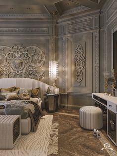 an elegant bedroom with gold accents and white furniture