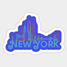 the new york city skyline sticker is shown in blue and purple with white lettering