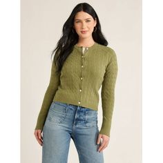 Its the season for sweaters and were sure everyone can agree that Free Assemblys Cozy Yarn Cardigan is an essential. Classically charming with a textured cable knit, this sweater delights with rhinestone buttons that add just the right amount of bling. Button it up and wear it as a top or layer it over a tee or turtleneck for an extra cozy look. Only at Walmart. Size: XL.  Color: Green.  Gender: female.  Age Group: adult. Cozy Fit Crew Neck Outerwear, Fitted Crew Neck Cozy Cardigan, Yarn Cardigan, Cable Knit Sweater Cardigan, Cable Cardigan, Beaded Sweater, Cable Knit Cardigan, Style Cardigan, Knit Sweater Cardigan