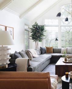 a living room filled with lots of furniture and a tree in the middle of it