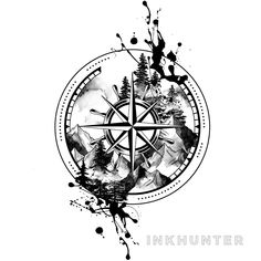 a black and white drawing of a compass in the middle of trees with ink splatters on it