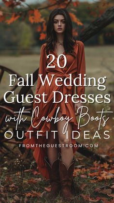 a woman wears fall wedding guest dress and cowboy boots, western outfits Fall Wedding Guest Dress Outdoor Cold, Cowgirl Dresses With Boots Wedding, Dresses For Wedding Guests With Cowboy Boots, Maxi Dress With Cowboy Boots Wedding Guest, Western Attire Wedding Guest, Country Themed Bridesmaid Dresses, Boho Wedding Dress Guest Outfit, Formal Dress Boots, Country Wedding Attire For Guests Dresses