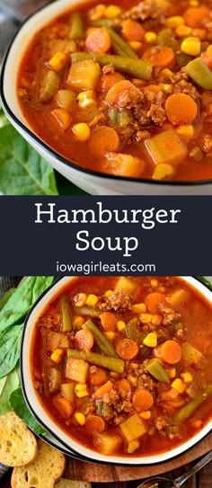 two bowls of hamburger soup with bread on the side