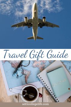 an airplane flying over a map and cup of coffee with the words travel gift guide on it