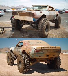 two pictures of an off road vehicle in different stages of being used as a car