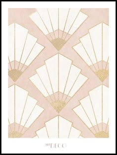 a pink and gold art deco wallpaper with white fan design on it's side