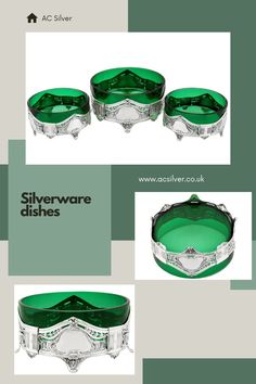 three green glass dishes sitting on top of each other with the words silverware dishes below them