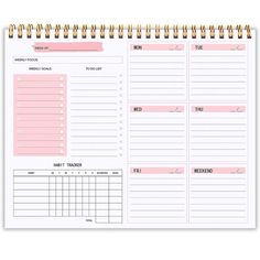 a pink and white planner with notes on the page, in front of a white background