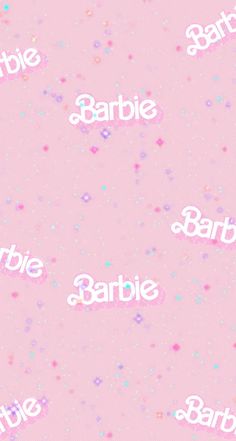 the name barbie is written on a pink background with stars and confetti around it