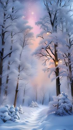 a painting of a snowy forest with trees and street lights in the snow at night