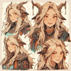 an anime character with long white hair and horns on her head, in various poses