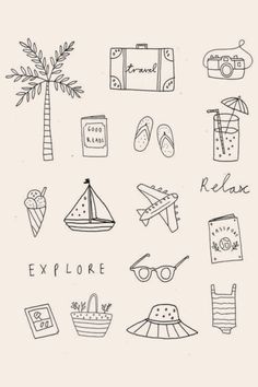 a drawing of various things that are in black and white