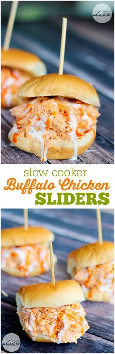 slow cooker buffalo chicken sliders with toothpicks in them on a wooden table