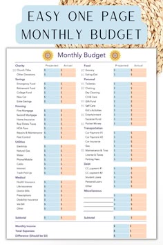 a printable budget sheet with the words, easy one page money budget on it