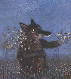 a painting of a black cat with flowers in it's mouth, standing on its hind legs