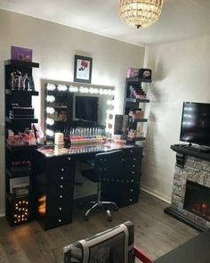 13 Beautiful Makeup Room Ideas, Organizer and Decorating Beauty Room Background, Glam Room Decor Ideas, Dresser In Bedroom Decor, Shelving In Bedroom, Makeup Vanity Organization, Vanity Makeup Rooms, Makeup Vanity Mirror With Lights, Impressions Vanity