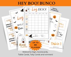 halloween themed printables with the words hey boo bunco on them and an image of