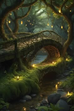 a bridge in the middle of a forest with fairy lights on it