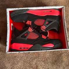 Red Thunder Jordan 4s Size 13-13.5 Barely Worn- Great Condition Red High-top Air Jordan 4 Sporty, Sporty Red Air Jordan 4 With Boost Midsole, Sporty Red High-top Air Jordan 4, Red Air Jordan 4 With Boost Midsole, Red High-top Air Jordan 4 With Branded Insole, Red Air Jordan 4 Cushioned For Sports, Red Air Jordan 4 With Cushioned Footbed For Sports, Red Sporty Air Jordan 4 Lace-up, Red Jordan Shoes With Red Sole For Streetwear