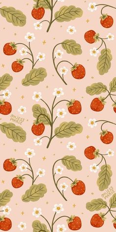 a pink background with strawberries and flowers on it