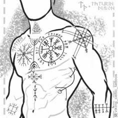 a drawing of a man's torso with various symbols on the chest and arms