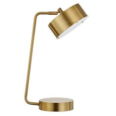 a gold desk lamp with a white light on the side and a round metal base