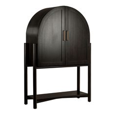 a wooden cabinet with an arched door on the top and bottom shelf in black wood