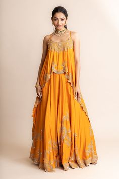 Shop for these amazing collections of Orange Crepe Hand Embroidery Mirror Work Lehenga And Singlet Top Set For Women by Nupur Kanoi online at Aza Fashions. Nupur Kanoi, Indo Western Outfits For Women, Mirror Work Lehenga, Orange Mirror, Designer Kurti Patterns, Singlet Tops, Embroidered Lehenga