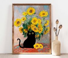 a painting of a black cat with sunflowers in a vase on a table