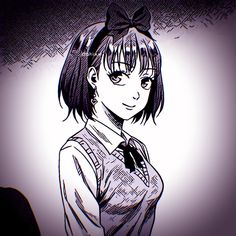 a drawing of a girl with short hair and a bow tie on her head, standing in front of a wall