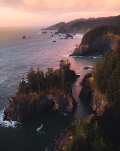 an aerial view of the ocean and coastline with trees in the foreground, at sunset